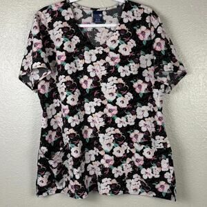Zoe + Chloe Women’s Size XL Black Pink Flower Print Short Sleeved Scrub Top